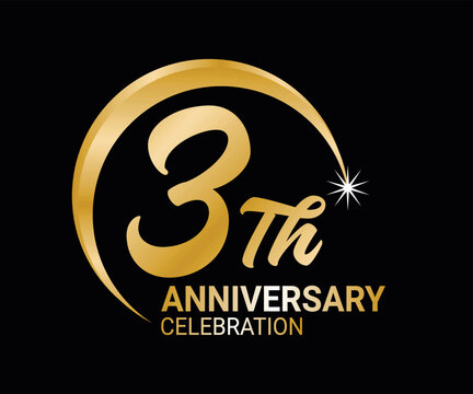 3th Anniversary ordinal number Counting vector art illustration in stunning font on gold color on black background