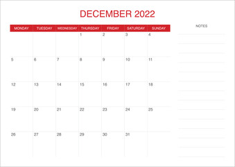 Calendar December 2022 with red color