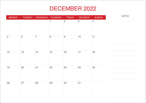 Calendar December 2022 with red color