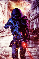 Fototapeta premium Army soldier in Combat Uniforms with an assault rifle and combat helmet night mission dark background. Blue and purple gel light effect.