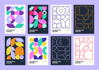 Geometric pattern set. Modern colorful seamless design for covers. Minimal vector illustrations with geometrical shapes.