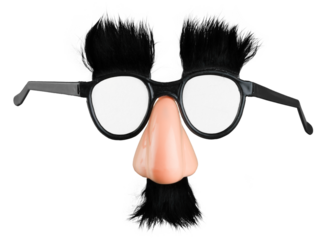 Close-up photo of black funny mask glasses isolated on white background