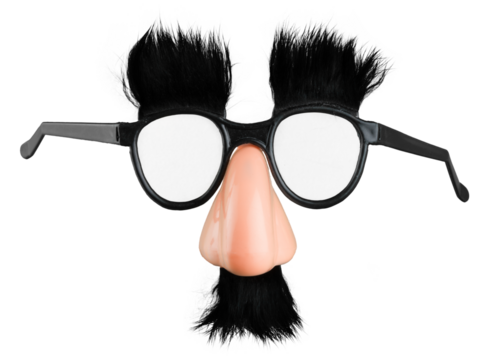Close-up photo of black funny mask glasses isolated on white background