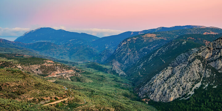 Landscape of the Pleistos River Valley at dusk, Delphi, Phocis
