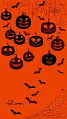 Halloween pumpkins hanging from a web on an orange background, vector vertical illustration. Congratulatory banner or mockup for stories with scary pumpkins, cobwebs and bats. Happy Halloween