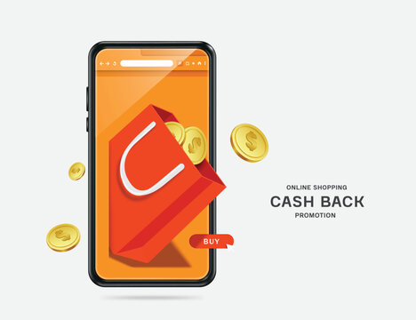 orange shopping bag and gold coins display and floating on smartphone screen,vector 3d isolated on white background for delivery and online shopping concept design,vector for cash back promotion