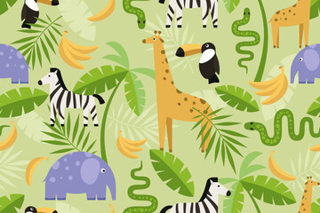 Seamless pattern with cute elephant, zebra, toucan, giraffe and snake. Perfect for baby clothes, baby room decoration, packaging. Flat vector illustration.