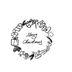 Picture hand made from black line. Merry Christmas wintertime elements, New Year