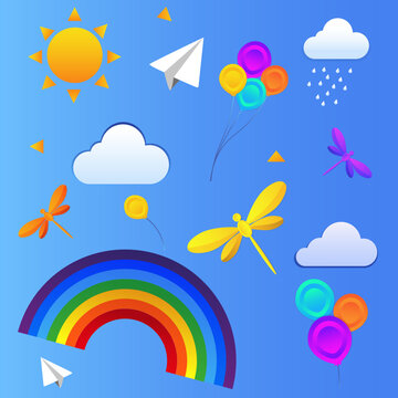 collection cartoon element rainbow cloud sun butterfly kite balloons