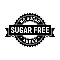 Black and white sugar-free ribbon rubber stamp. Badge no sugar added. Design elements for labels, stickers, banners, posters for food and health business. Vector illustration.