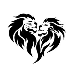 Lover lion pattern in the shape of a heart. Black silhouette head of the lion king and queen. Design for a emblem, logo or icon. Vector illustration.