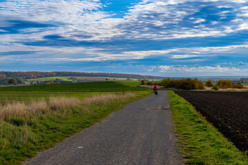 Fototapeta na wymiar Dirt road in autumn with blue sky
