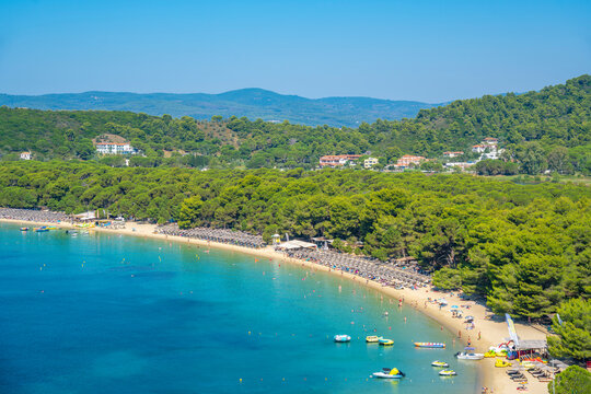 Aerial view of Koukounaries Beach, Skiathos Town, Skiathos Island, Sporades Islands, Greek Islands
