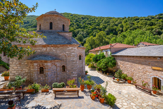 View of Moni Evaggelistrias Monastery, Skiathos Island, Sporades Islands, Greek Islands