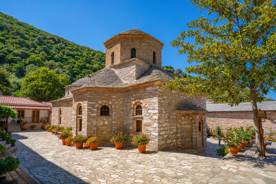View of Moni Evaggelistrias Monastery, Skiathos Island, Sporades Islands, Greek Islands