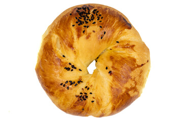 Turkish bagel pogaca with nigella seeds. Traditional flavors. Pogaca isolated on white background....