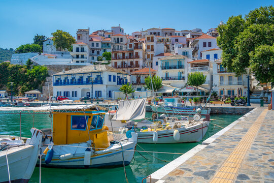 View of town overlooking the harbour, Skopelos Town, Skopelos Island, Sporades Islands, Greek Islands