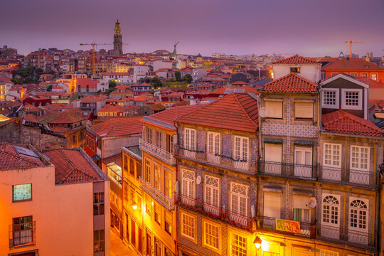 View of buildings and terracota rooftops of The Ribeira district at dusk, UNESCO World Heritage Site, Porto, Norte