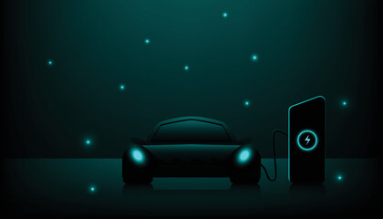 Electric car at charging station. on dark background. EV concept. Vector illustration