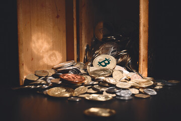 Bitcoin. Cryptocurrency Gold Bitcoin, BTC, Bit Coin. Macro shot of bitcoin coins isolated on black background Blockchain technology, bitcoin mining concept.