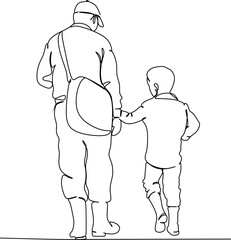Back to Shool Card. Child and dad going together. Line drawing style. Template for cards, coloring pages, posters, banners.