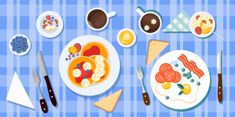 Vector illustration of a delicious breakfast for two. View from above. Plates with scrambled eggs, bacon and a plate with pancakes, fruits and berries. Breakfast with a cup of tea or coffee. 