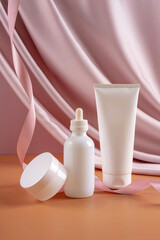 Three white bottle cosmetic product on pastel textile background. Beauty product concept.