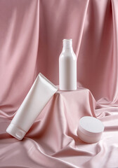 White bottle cosmetic product on pastel textile background and podium. Beauty product concept....