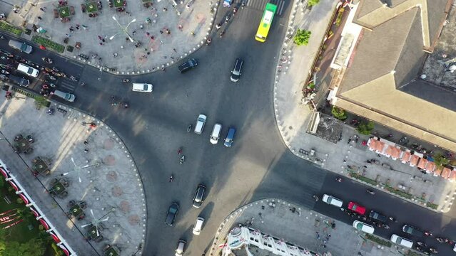 Aerial view of Tugu Jogja or known as the March 1 General Attack Monument is an iconic landmark of Yogyakarta. Central Java, Indonesia.