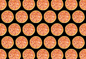trendy colorful repeating pattern of a whole pizza on a black background.