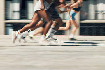 Running, motion and group of people on path together for marathon race, fitness and speed. Fast run...