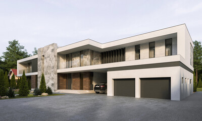 Fototapeta na wymiar 3D visualization of a modern house with a terrace and panoramic windows. Modern architecture.