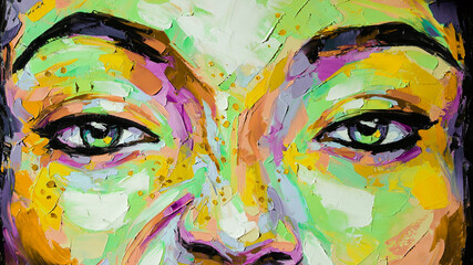 Closeup painting oil and palette knife on canvas. Big eyes close up for decoration and interior, canvas art.