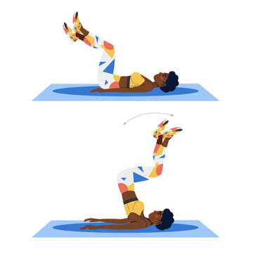 Reverse crunch, young female athlete doing fitness exercise, fitness at home.