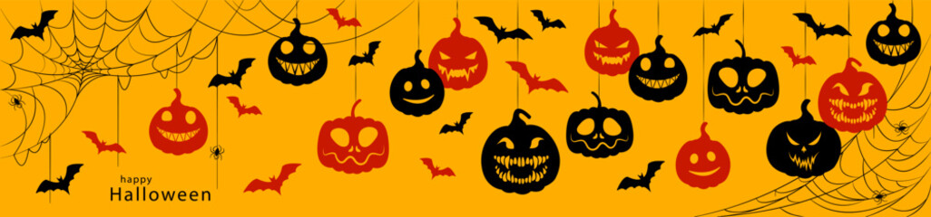 Halloween pumpkins hanging from a web on a yellow background, vector horizontal illustration. Congratulatory banner with scary black and red pumpkins, cobwebs and bats. Happy Halloween