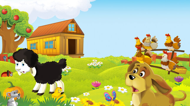 cartoon scene with farm animal on ranch farm having fun illustration