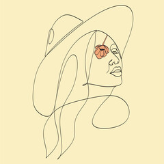 Abstract linear woman in hat. Minimal portrait. Head fashionable accessory. One line continuous. Beauty and glamour concept. Cap headgears for lady. Hand drawn vector illustration.