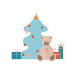 Cute teddy bear near the Christmas tree with gifts hand drawing.