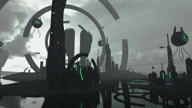 Animation of an alien city with flying aliens
