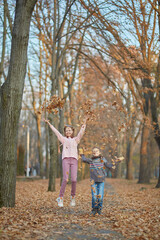 Fototapeta premium Two girls are playing and throwing yellow autumn leaves. September or October, yellow leaves on trees.