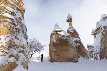 Pigeon Valley and Cave town in Goreme during winter time. Cappadocia, Turkey. 