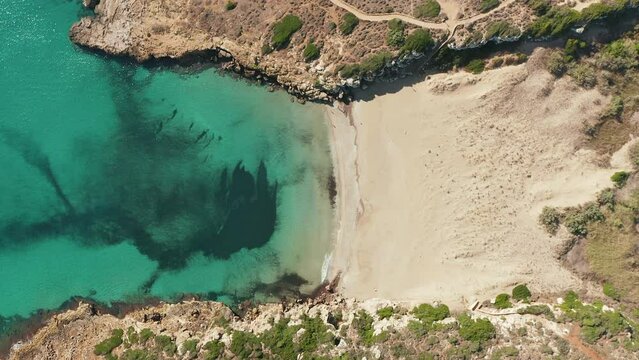 Top View Of Small Sandy Beach Calamosche In Noto, Sicily, Italy. Famous Beach Of The Vendicari Reserve. aerial