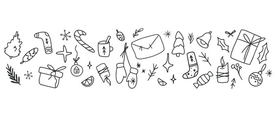Hand drawn winter element greeting ornament for Merry Christmas and Happy New Year horizontal web banner