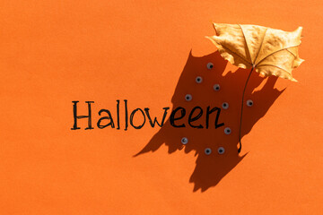 Halloween idea. The inscription Halloween on an orange background next to the shadow of an oak leaf in the form of a ghost with many eyes. Festive background. Selective focus.