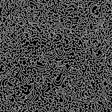 Black and white cartoon pattern on a black background, abstract design, seamless background.	