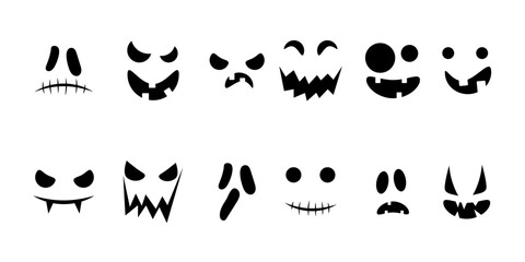 Collection of  Spooky Halloween pumpkin face smile icon design isolated on white background. Flat black silhouette scary ghost face expressions mask element for the holiday decoration.