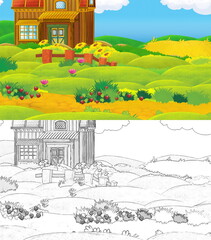 cartoon scene with sketch farm ranch animal near wooden barn
