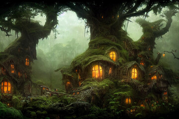 Fototapeta na wymiar Spooky foggy background with tree house. Digital illustration.