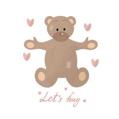 Cute teddy bear hand drawn and lettering let's hug
