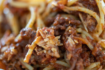 Macro shot of a bunch of spaghetti with minced meat sauce, Bolognese
